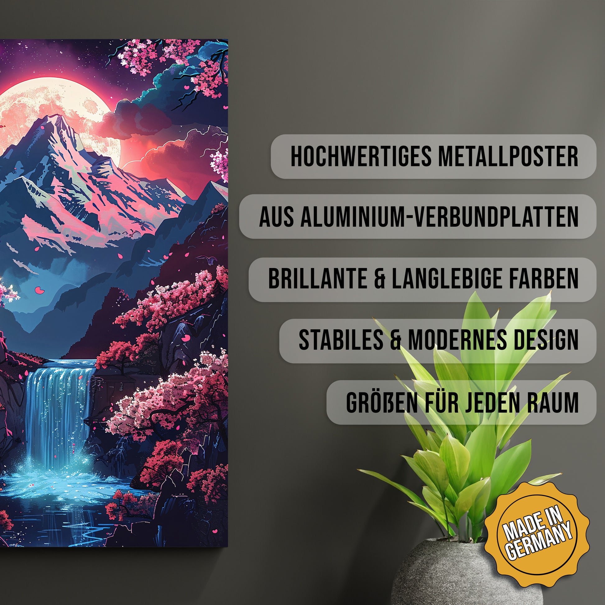 Produkt-Highlights zum Metallposter Kirschblüten Fantasy Landschaft. Hochwertiges Metallposter, aus Aluminium-Verbundplatten, Brillante & langlebige Farben, stabiles & modernes design, Größen für jeden Raum, Made in Germany.