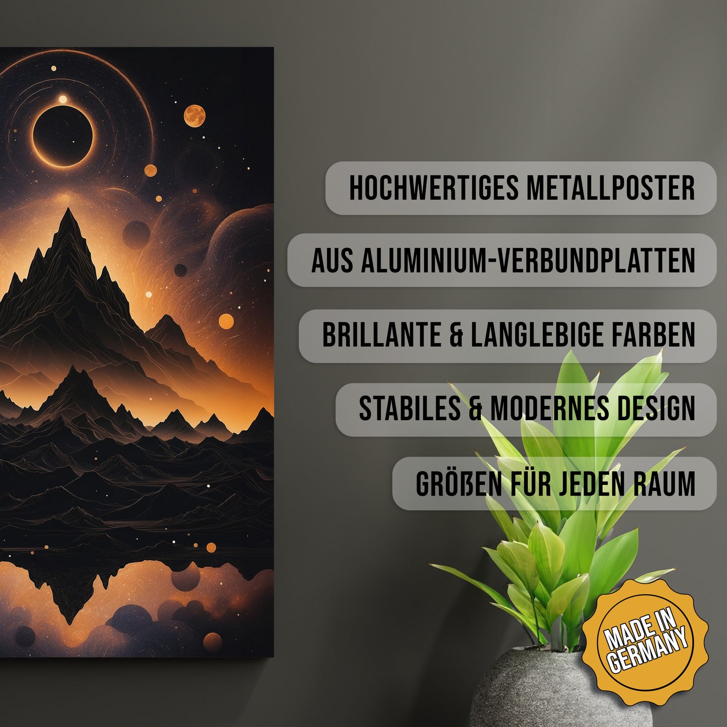 Produkt-Highlights zum Metallposter Kosmischer Gipfel. Hochwertiges Metallposter, aus Aluminium-Verbundplatten, Brillante & langlebige Farben, stabiles & modernes design, Größen für jeden Raum, Made in Germany.