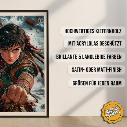 Produkt-Highlights zum gerahmten Poster Kriegerin der Sturmklingen.
Hochwertiges Kiefernholz, mit Acrylglas geschützt, Brillante & langlebige Farben, satin- oder matt-finisch, größen für jeden Raum, Made in Germany.