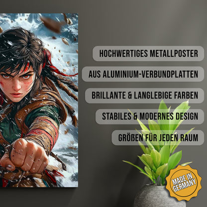 Produkt-Highlights zum Metallposter Kriegerin der Sturmklingen. Hochwertiges Metallposter, aus Aluminium-Verbundplatten, Brillante & langlebige Farben, stabiles & modernes design, Größen für jeden Raum, Made in Germany.