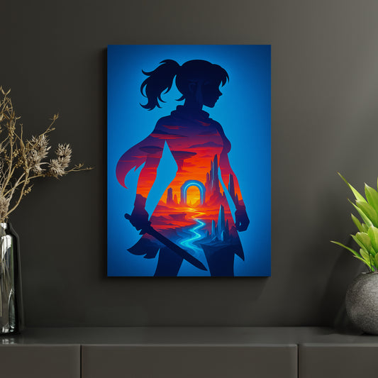 Fantasievolles Metallposter einer Kriegerin mit integriertem Sonnenuntergangs-Motiv und futuristischer Landschaft. Gedruckt auf langlebigen Aluminiumverbundplatten – ein Must-have für moderne Fantasy- und Sci-Fi-Fans.
