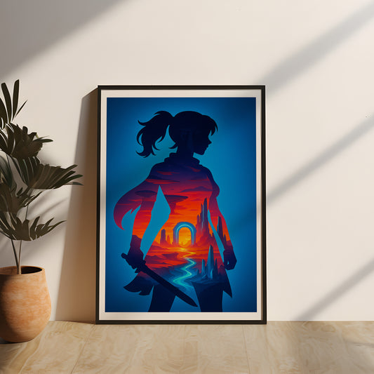 Kriegerin des Dimensionspfads - Poster mit Echtholzrahmen und Acrylglas
