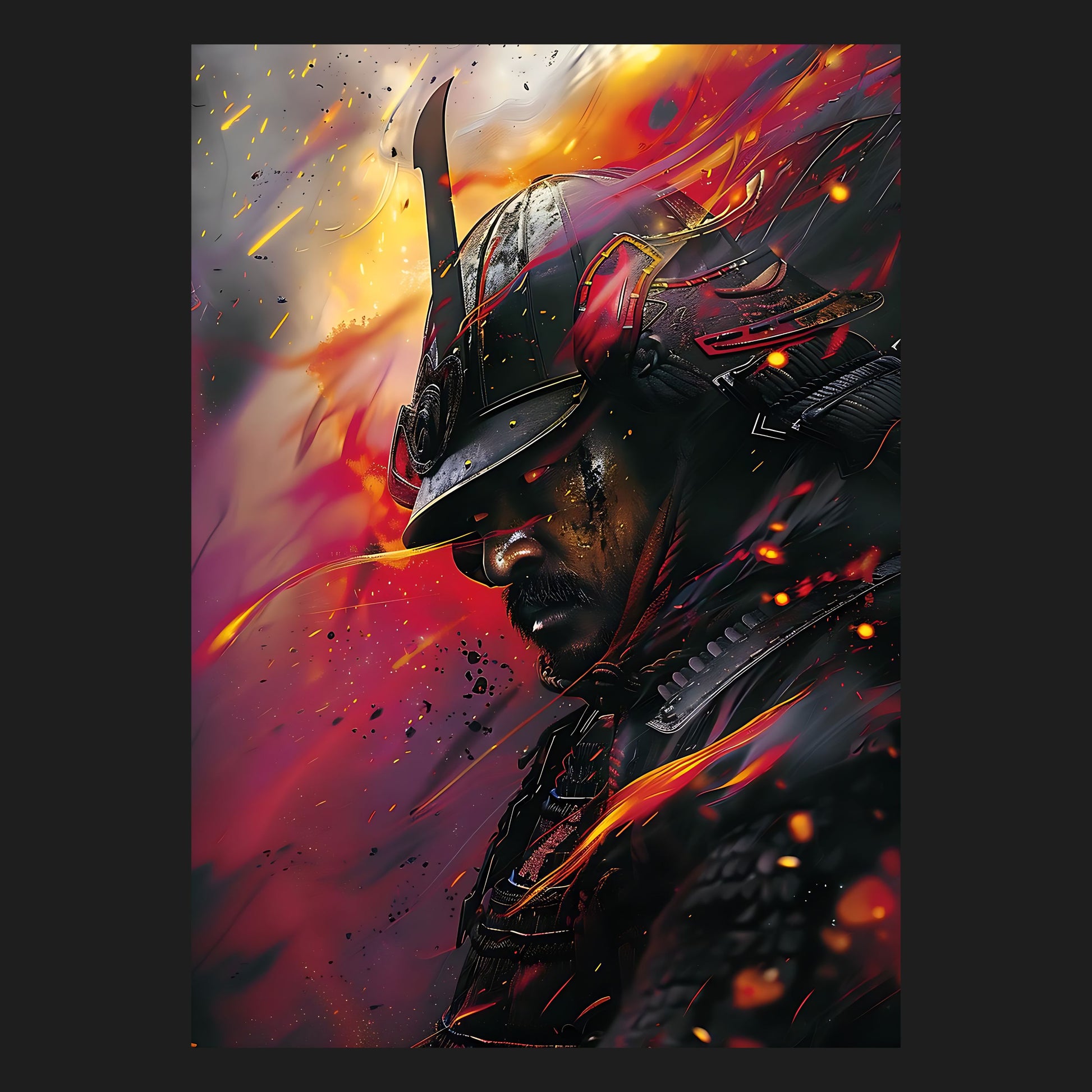 Detailreiches Poster eines Samurai-Kriegers inmitten eines intensiven Kampfes. Kräftige Farben und dramatische Effekte machen dieses Motiv zu einem echten Hingucker.