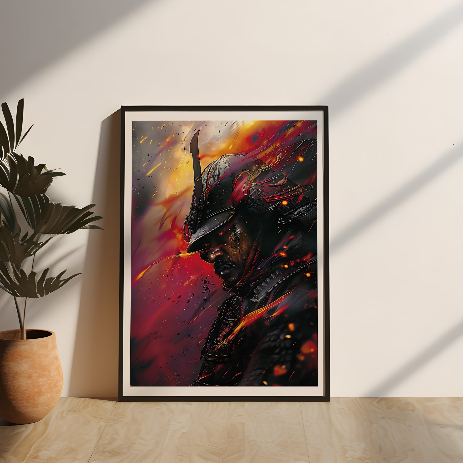 Hochwertiges Samurai-Poster in einem edlen Echtholzrahmen. Der stoische Krieger inmitten eines dramatischen Kampfes ist ein echter Blickfang für alle Japan-Liebhaber und Gamer. Perfekt als Wanddekoration für dein Zuhause oder Büro, Krieger Poster, Japan Deko, Wandbild Samurai, japanisches Gaming Poster
