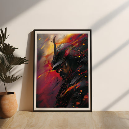 Hochwertiges Samurai-Poster in einem edlen Echtholzrahmen. Der stoische Krieger inmitten eines dramatischen Kampfes ist ein echter Blickfang für alle Japan-Liebhaber und Gamer. Perfekt als Wanddekoration für dein Zuhause oder Büro, Krieger Poster, Japan Deko, Wandbild Samurai, japanisches Gaming Poster