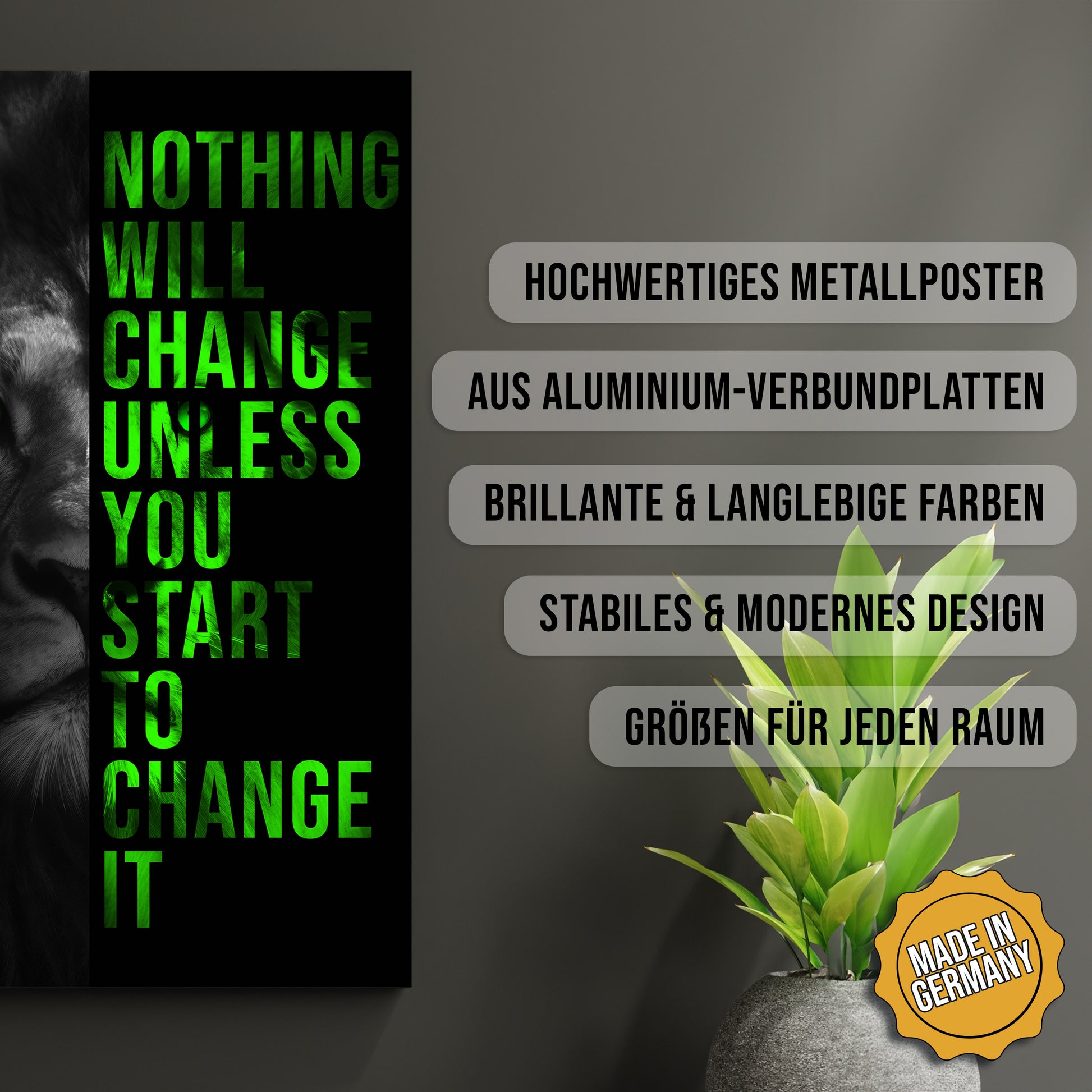 Produkt-Highlights zum Metallposter Löwenmut. Hochwertiges Metallposter, aus Aluminium-Verbundplatten, Brillante & langlebige Farben, stabiles & modernes design, Größen für jeden Raum, Made in Germany.