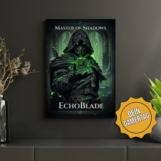 Metallisches Fantasy-Kunstwerk "Master of Shadows" – düsteres Assassinen-Design für Dungeons & Dragons, Gaming- und Fantasy-Fans. Personalisierbar mit deinem Gamertag!
