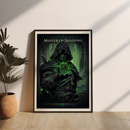 Gerahmtes Gaming Poster "Master of Shadows" mit Echtholzrahmen, Fantasy Wandkunst mit mystischem Design und dunklem Farbschema, perfekte Wanddekoration für Gamer und Fantasy-Fans.