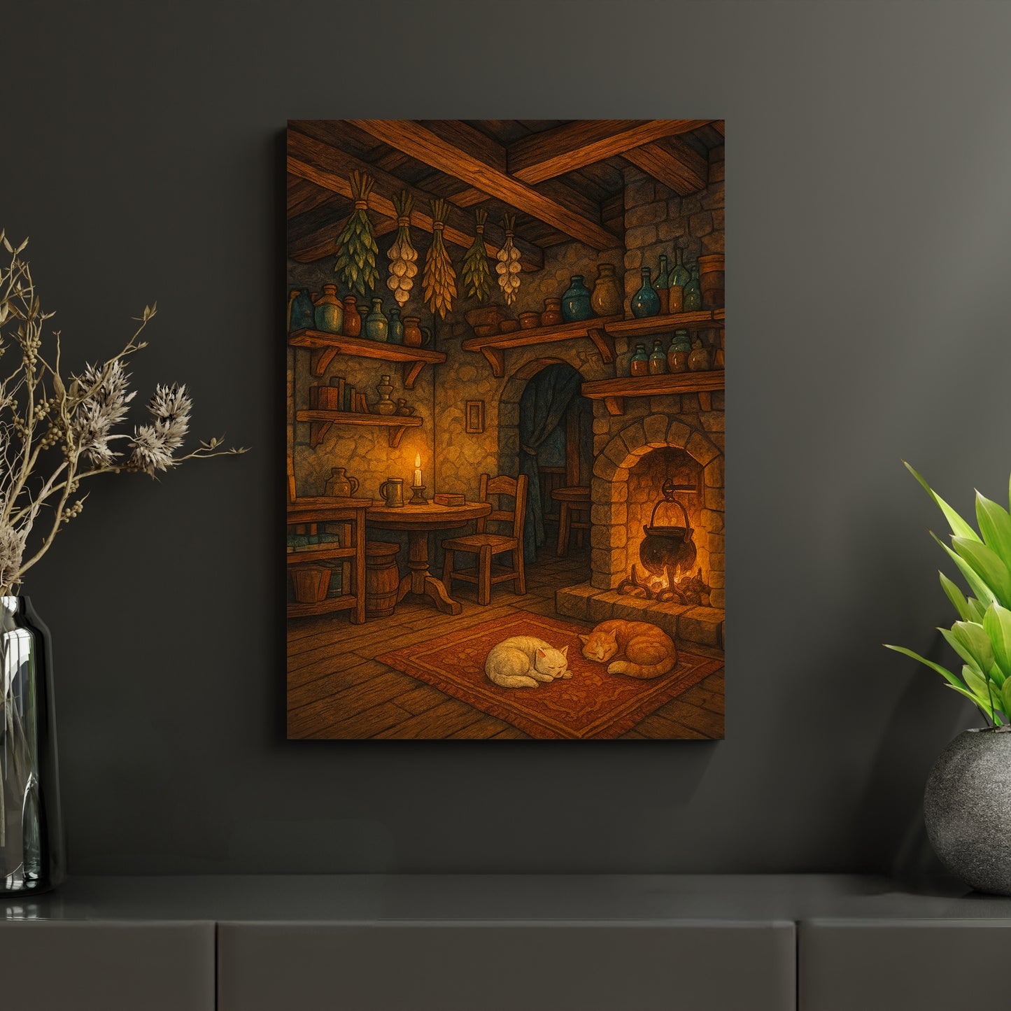 Metallposter mit atmosphärischer Szene einer mittelalterlichen Taverne: Kaminfeuer, Holzinterieur und zwei Katzen schaffen ein Gefühl von Geborgenheit. Gedruckt auf langlebigen Aluminiumverbundplatten – ideal für Fantasy-Fans und Liebhaber rustikaler Kunst.