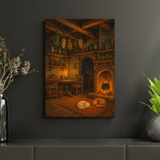 Metallposter mit atmosphärischer Szene einer mittelalterlichen Taverne: Kaminfeuer, Holzinterieur und zwei Katzen schaffen ein Gefühl von Geborgenheit. Gedruckt auf langlebigen Aluminiumverbundplatten – ideal für Fantasy-Fans und Liebhaber rustikaler Kunst.