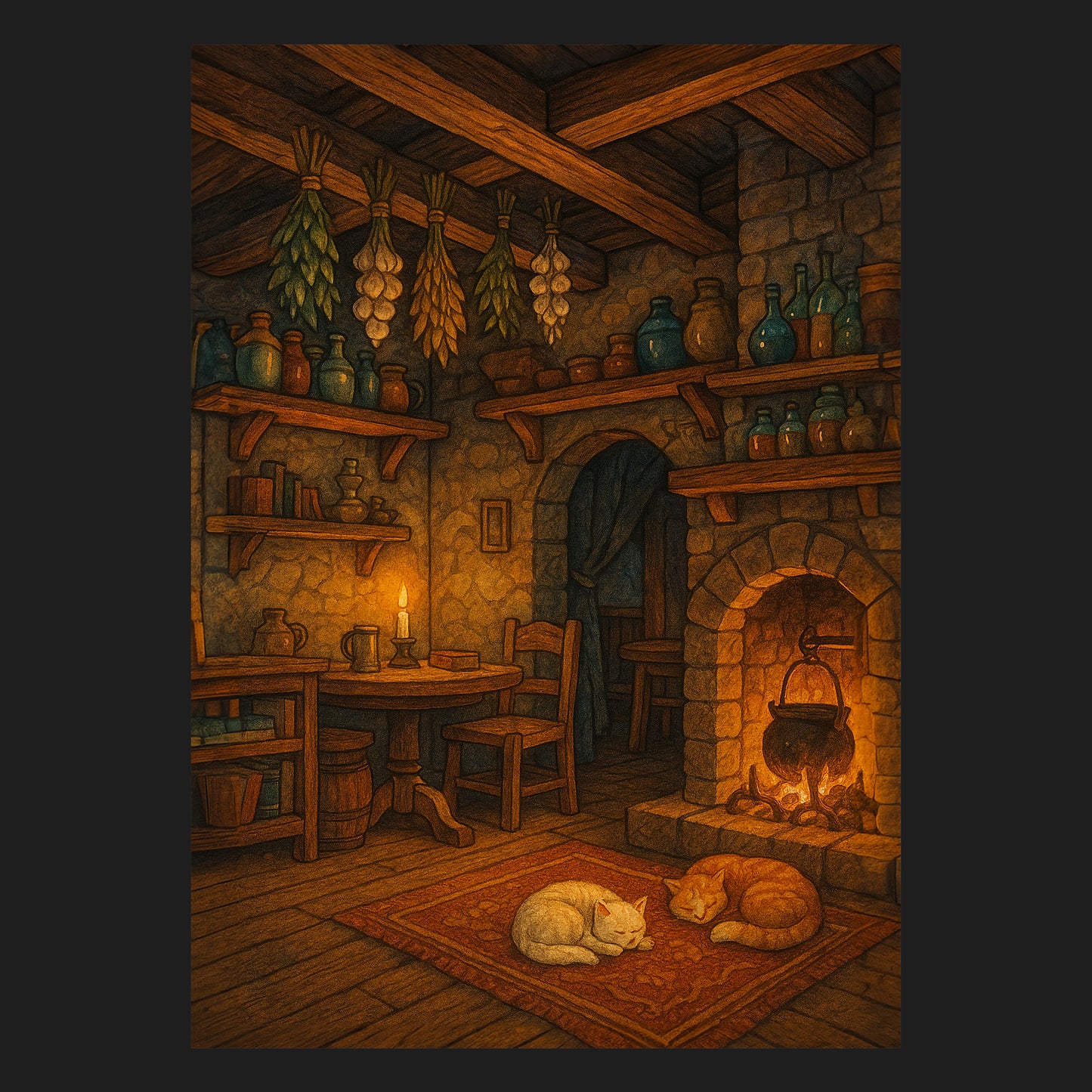 Stimmungsvolle Illustration einer mittelalterlichen Taverne mit brennendem Kamin, Holzbalken, Regalen voller Vorräte und zwei schlafenden Katzen auf einem Teppich – warmes Fantasy-Motiv für gemütliche Wandgestaltung.