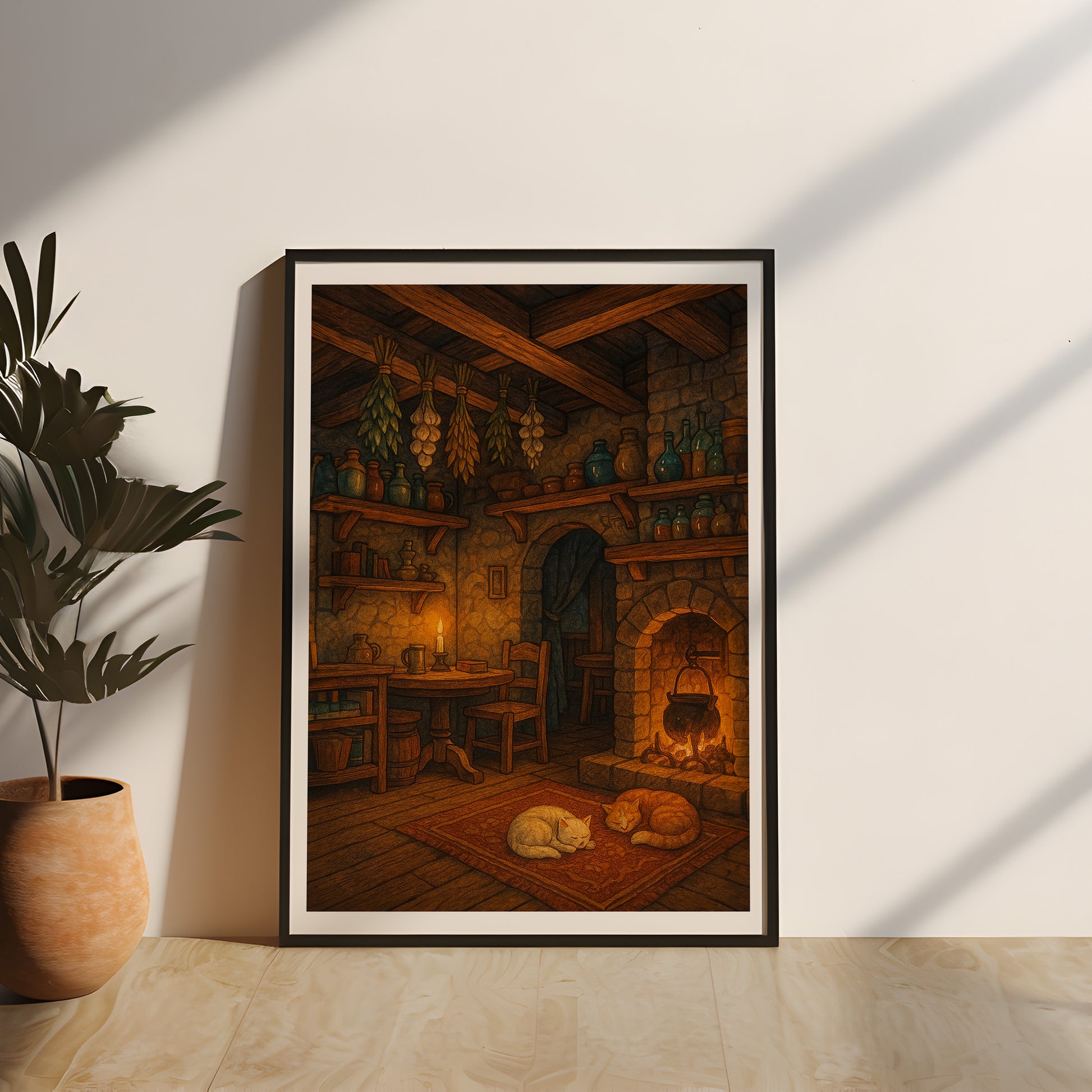 Detailreiches Poster einer mittelalterlichen Taverne mit Kaminfeuer und schlafenden Katzen, kunstvoll in Echtholz gerahmt und durch Acrylglas geschützt – perfekte Wanddeko für Wohnzimmer, Leseecke oder Gaming-Zimmer.