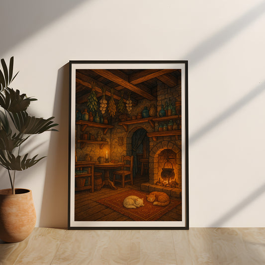 Detailreiches Poster einer mittelalterlichen Taverne mit Kaminfeuer und schlafenden Katzen, kunstvoll in Echtholz gerahmt und durch Acrylglas geschützt – perfekte Wanddeko für Wohnzimmer, Leseecke oder Gaming-Zimmer.