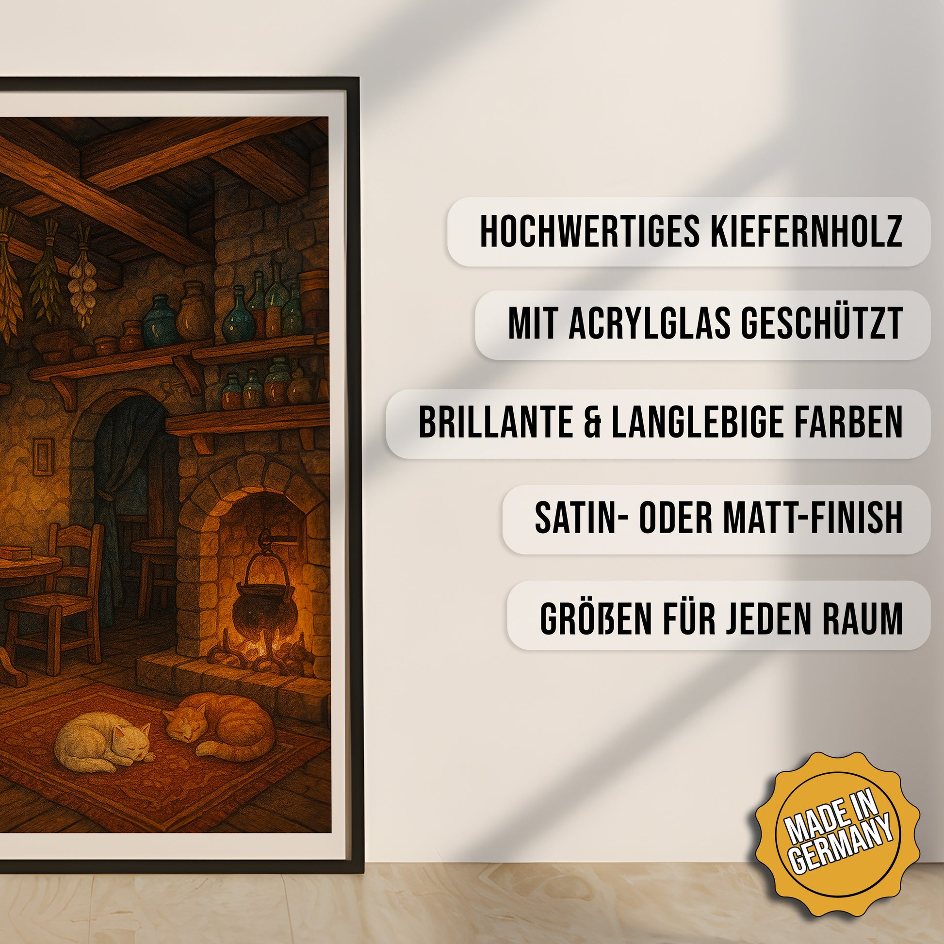 Produkt-Highlights zum gerahmten Poster Mittelalterliche Taverne.
Hochwertiges Kiefernholz, mit Acrylglas geschützt, Brillante & langlebige Farben, satin- oder matt-finisch, größen für jeden Raum, Made in Germany.