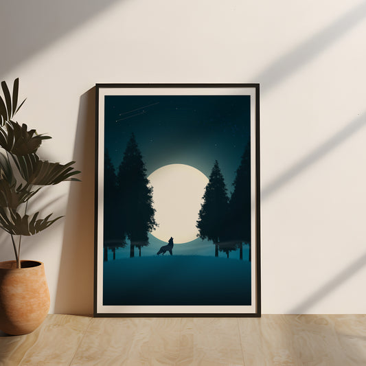 Abstraktes Naturmotiv mit einem heulenden Wolf im Mondlicht, umgeben von hohen Bäumen, gerahmt in einem hochwertigen Echtholzrahmen. Die mystische Atmosphäre und die dunklen Farbtöne machen dieses Poster zu einer beeindruckenden Wanddekoration für eine ruhige und erhabene Stimmung, gaming poster, gaming setup, gerahmtes natur poster, poster mit wolf