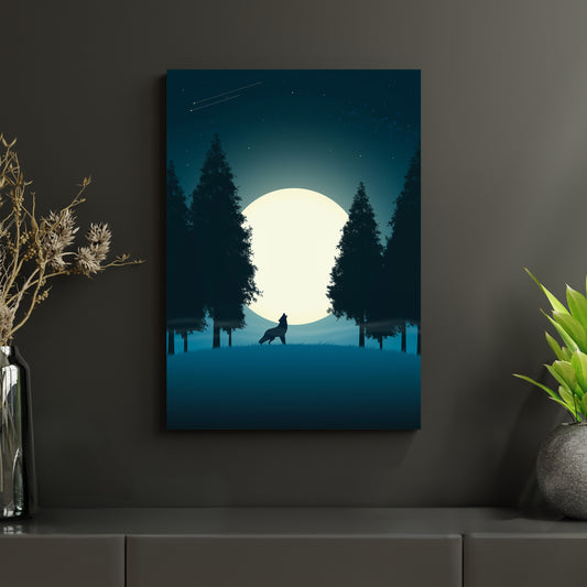 Abstraktes Naturmotiv mit einem heulenden Wolf im Mondlicht, umgeben von hohen Bäumen, gedruckt auf hochwertigen Aluminiumverbund. Die mystische Atmosphäre und die dunklen Farbtöne machen dieses Poster zu einer beeindruckenden Wanddekoration für eine ruhige und erhabene Stimmung, gaming poster, gaming setup, metall natur poster, poster mit wolf