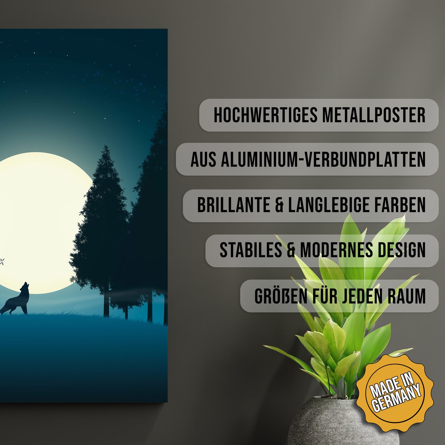 Produkt-Highlights zum Metallposter Mondscheinheuler. Hochwertiges Metallposter, aus Aluminium-Verbundplatten, Brillante & langlebige Farben, stabiles & modernes design, Größen für jeden Raum, Made in Germany.