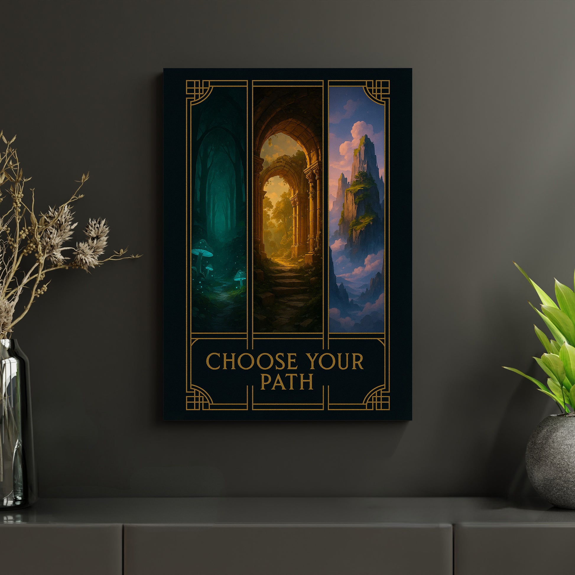 Metallposter „Choose Your Path“ mit atmosphärischen Fantasy-Szenen von Wald, Ruinen und Gebirge. Gedruckt auf langlebigen Aluminiumverbundplatten – perfekt für Gamer, Fantasy-Fans und Liebhaber epischer Kunst.