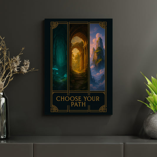 Metallposter „Choose Your Path“ mit atmosphärischen Fantasy-Szenen von Wald, Ruinen und Gebirge. Gedruckt auf langlebigen Aluminiumverbundplatten – perfekt für Gamer, Fantasy-Fans und Liebhaber epischer Kunst.
