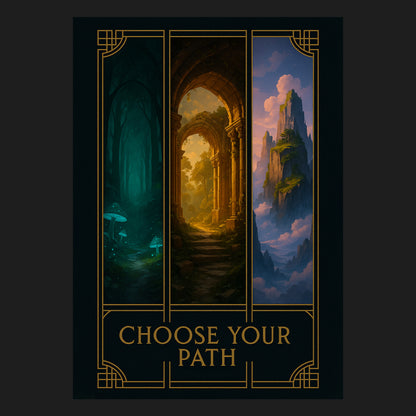 Fantasy-Illustration „Choose Your Path“ mit drei Toren in unterschiedliche Welten: ein geheimnisvoller Wald, ein goldenes Ruinenportal und ein magisches Gebirge – inspirierendes Wandbild für Abenteurer und Träumer.