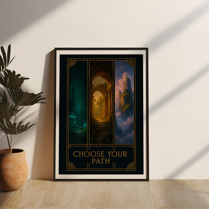 Hochwertiges Poster „Mystische Pfade“ mit der Aufschrift Choose Your Path, kunstvoll in Echtholz gerahmt und durch Acrylglas geschützt – moderne Fantasy-Wanddeko für Wohnzimmer, Arbeitszimmer oder Gaming-Setup.