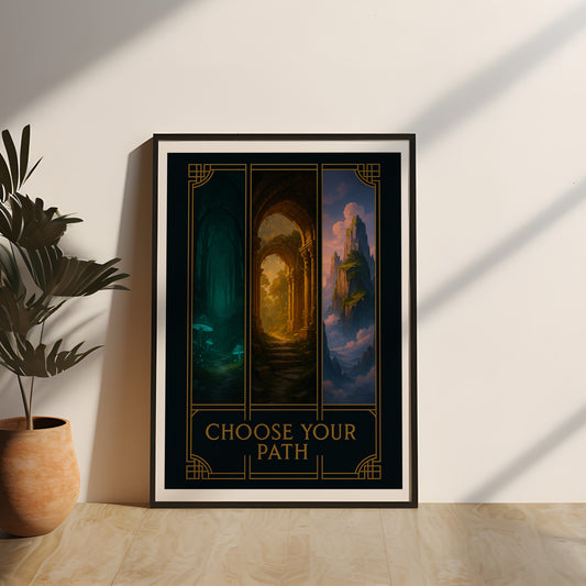 Hochwertiges Poster „Mystische Pfade“ mit der Aufschrift Choose Your Path, kunstvoll in Echtholz gerahmt und durch Acrylglas geschützt – moderne Fantasy-Wanddeko für Wohnzimmer, Arbeitszimmer oder Gaming-Setup.