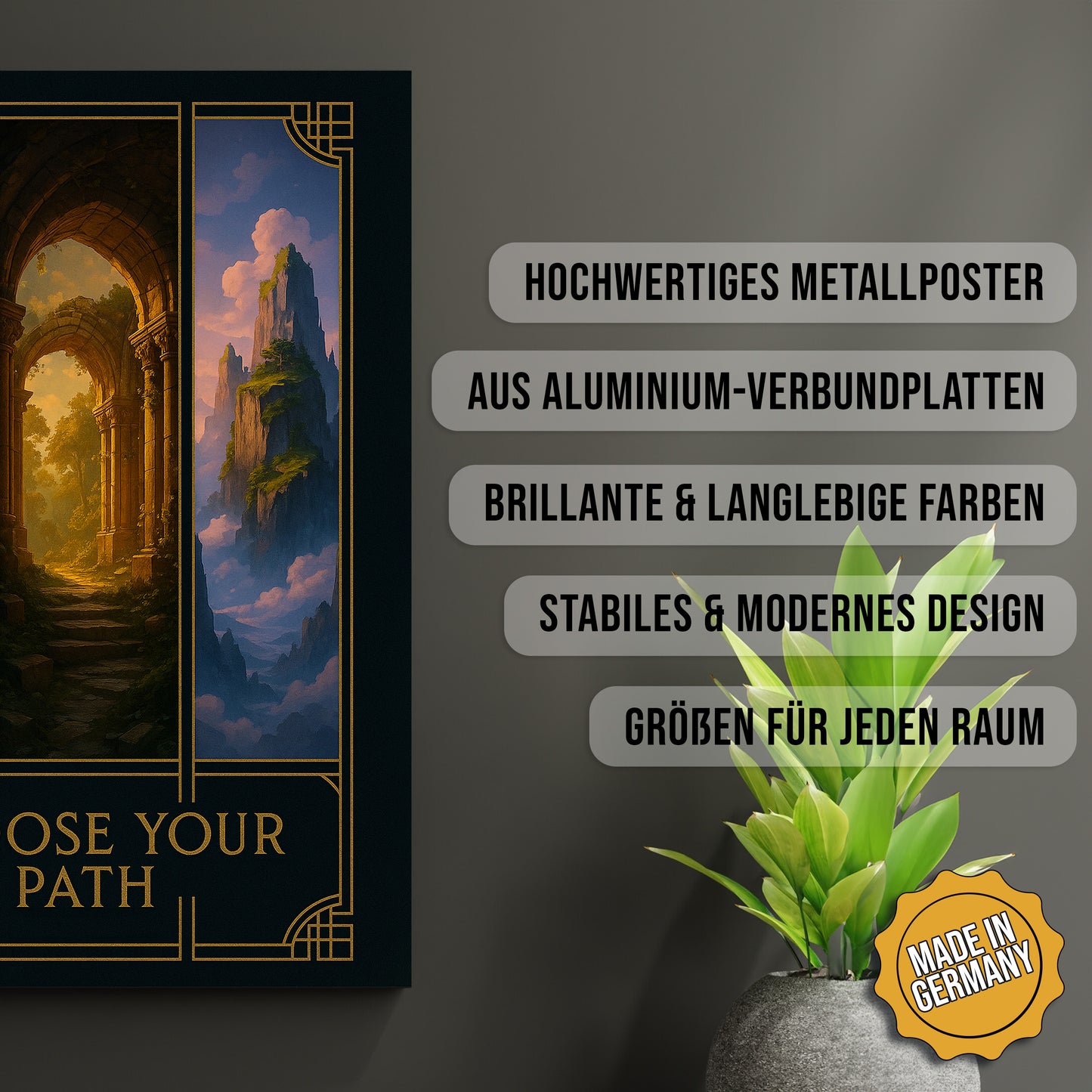 Produkt-Highlights zum Metallposter Mystische Pfade. Hochwertiges Metallposter, aus Aluminium-Verbundplatten, Brillante & langlebige Farben, stabiles & modernes design, Größen für jeden Raum, Made in Germany.