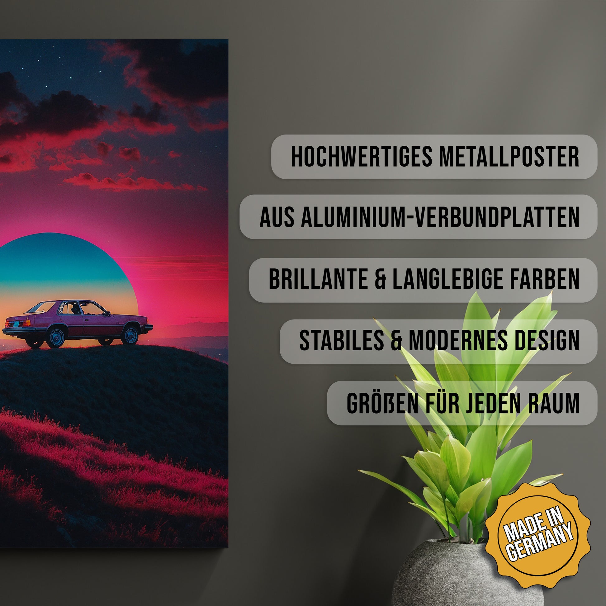 Produkt-Highlights zum Metallposter Old Timer Retro Sunset. Hochwertiges Metallposter, aus Aluminium-Verbundplatten, Brillante & langlebige Farben, stabiles & modernes design, Größen für jeden Raum, Made in Germany.