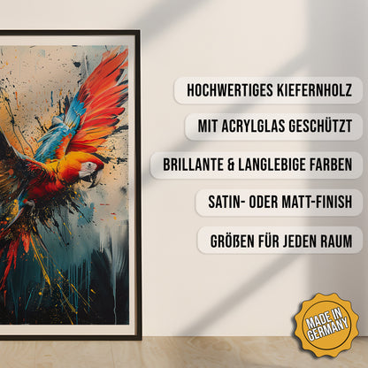 Produkt-Highlights zum gerahmten Poster Papagei in Farbenpracht.
Hochwertiges Kiefernholz, mit Acrylglas geschützt, Brillante & langlebige Farben, satin- oder matt-finisch, größen für jeden Raum, Made in Germany.