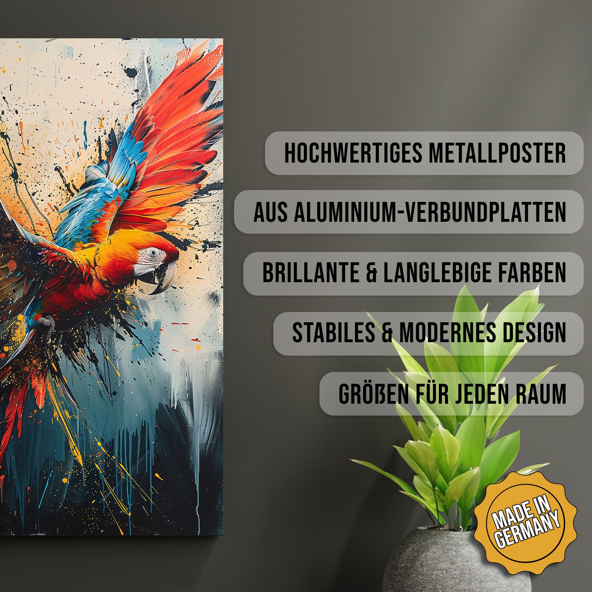Produkt-Highlights zum Metallposter Papagei in Farbenpracht. Hochwertiges Metallposter, aus Aluminium-Verbundplatten, Brillante & langlebige Farben, stabiles & modernes design, Größen für jeden Raum, Made in Germany.