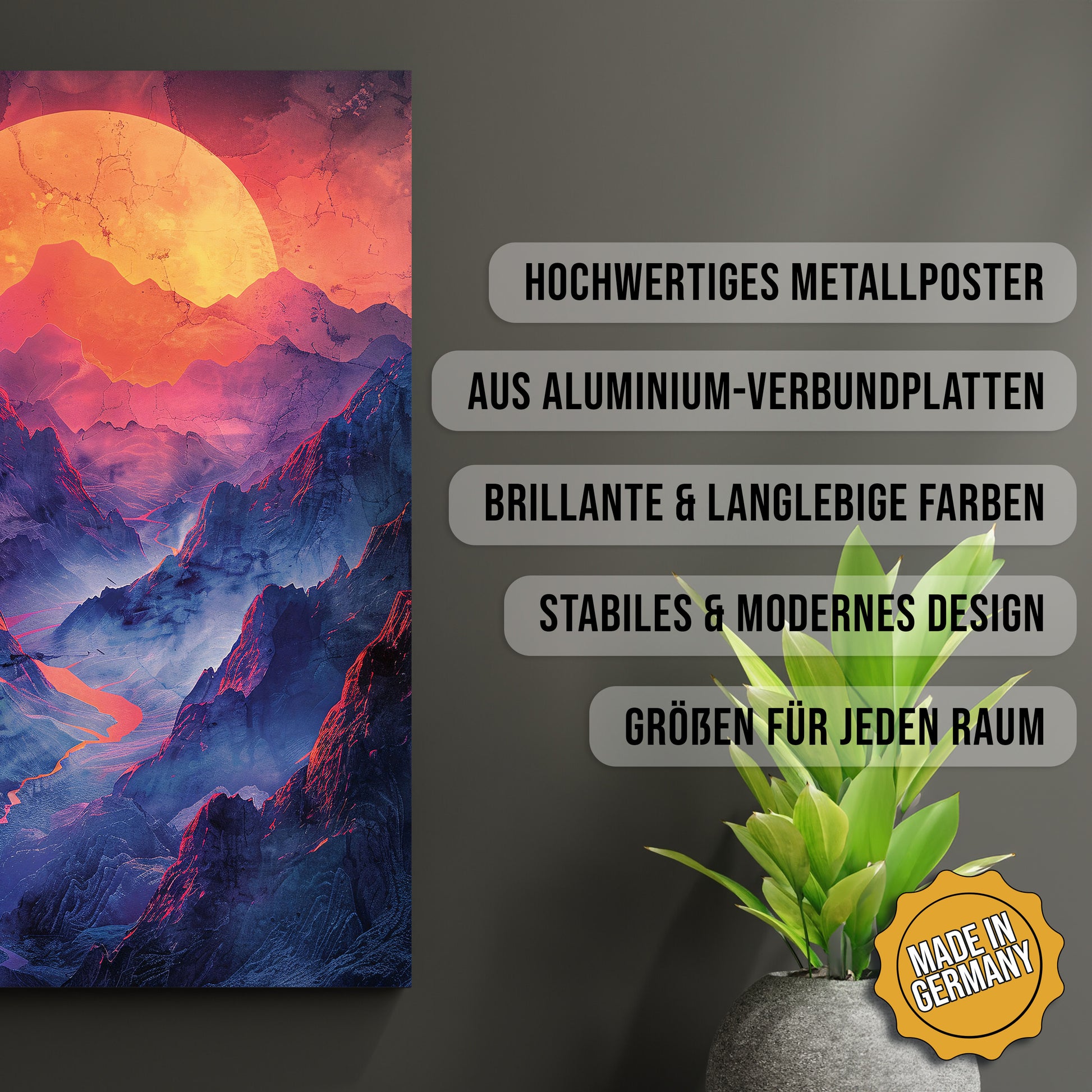 Produkt-Highlights zum Metallposter Surreale Fantasy Landschaft. Hochwertiges Metallposter, aus Aluminium-Verbundplatten, Brillante & langlebige Farben, stabiles & modernes design, Größen für jeden Raum, Made in Germany.
