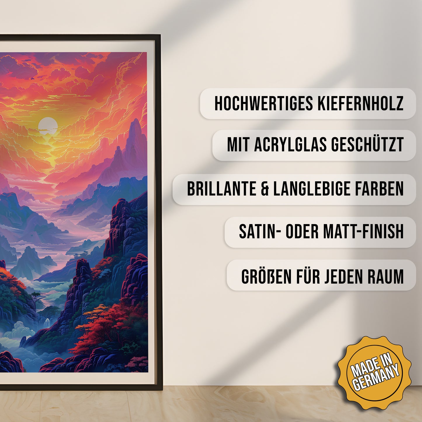 Produkt-Highlights zum gerahmten Poster Tal der Träume.
Hochwertiges Kiefernholz, mit Acrylglas geschützt, Brillante & langlebige Farben, satin- oder matt-finish, größen für jeden Raum, Made in Germany.