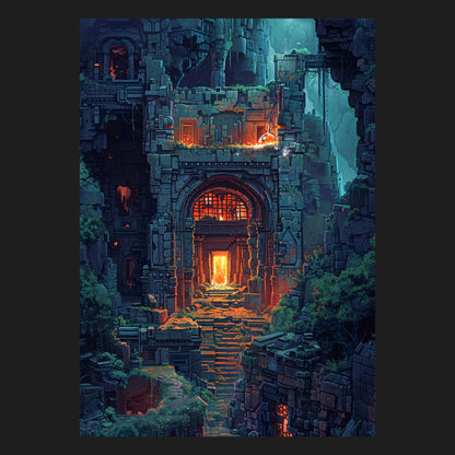 Gaming Kunst "Tempel des ewigen Feuers", Fantasy Wandkunst mit mystischem Design und dunklem Farbschema, perfekte Wanddekoration für Gamer und Fantasy-Fans, Gaming Motiv, Pixel Art