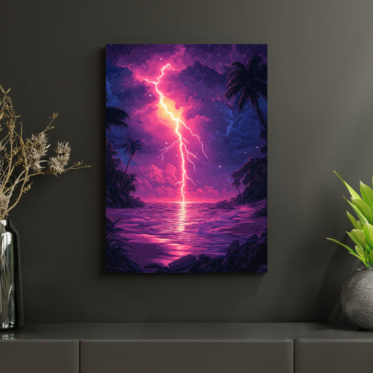 Farbenfrohes 8-Bit-Metallposter mit tropischer Landschaft bei Nacht und spektakulärem Blitz, digital illustriert in kräftigem Pink, Violett und Gelb. Robuste Ausführung auf Aluminiumverbundplatte – ideales Geschenk für Retro-Gaming-Fans und Pixel-Art-Liebhaber.