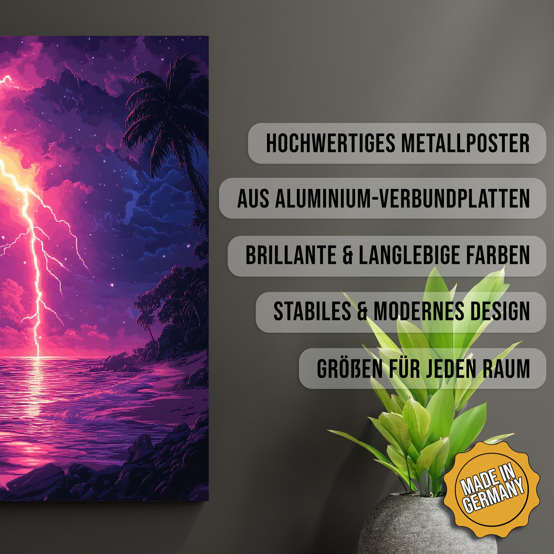 Produkt-Highlights zum Metallposter Tropenblitz bei Nacht. Hochwertiges Metallposter, aus Aluminium-Verbundplatten, Brillante & langlebige Farben, stabiles & modernes design, Größen für jeden Raum, Made in Germany.
