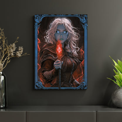 Das Metallposter 'Untote Flammenmagierin' zeigt eine düstere und faszinierende Magierin mit glühendem roten Zauberstab und leuchtend blauen Augen. Perfekt für Fantasy-Liebhaber, die hochwertige Wanddeko mit starken mystischen Charakteren suchen.