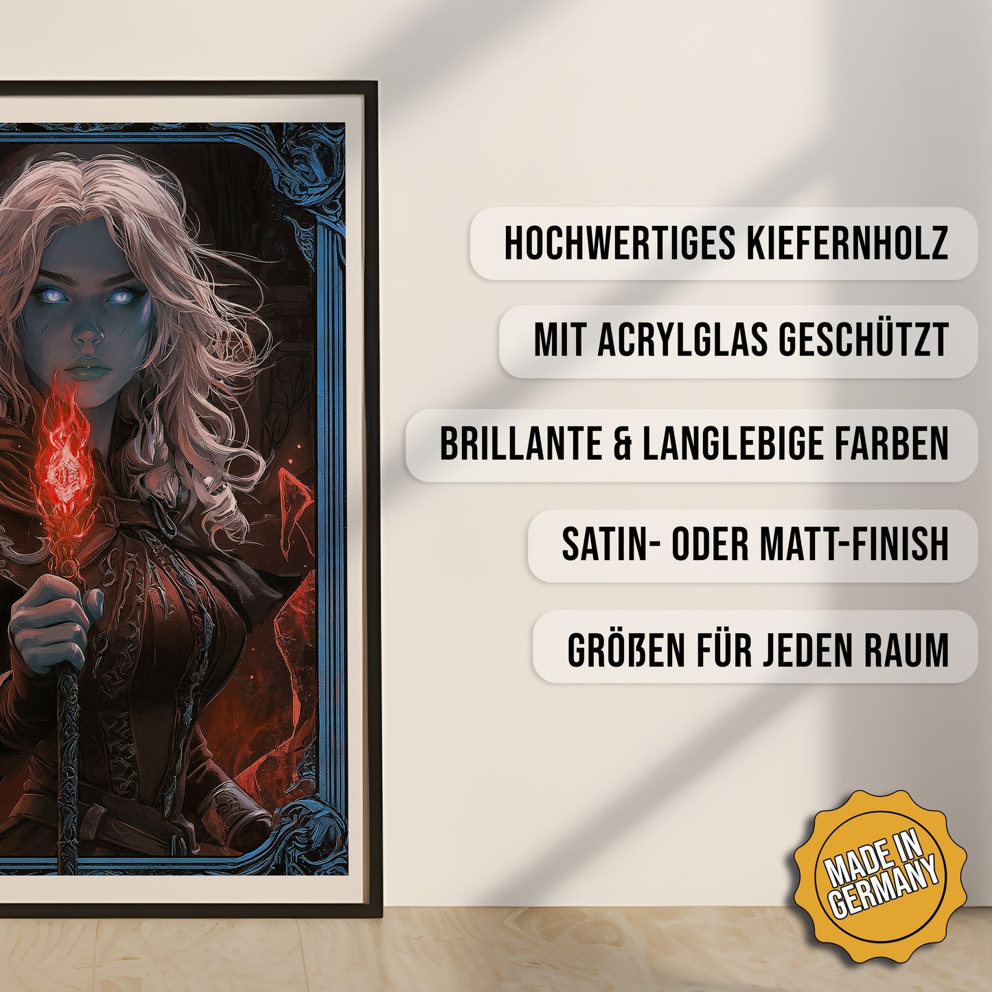 Produkt-Highlights zum gerahmten Poster Untote Flammenmagerin.
Hochwertiges Kiefernholz, mit Acrylglas geschützt, Brillante & langlebige Farben, satin- oder matt-finish, größen für jeden Raum, Made in Germany.