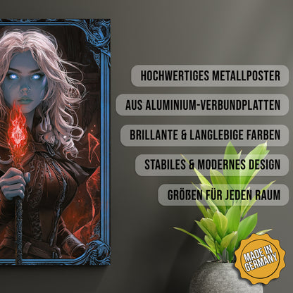 Produkt-Highlights zum Metallposter Untote Flammenmagerin. Hochwertiges Metallposter, aus Aluminium-Verbundplatten, Brillante & langlebige Farben, stabiles & modernes design, Größen für jeden Raum, Made in Germany.