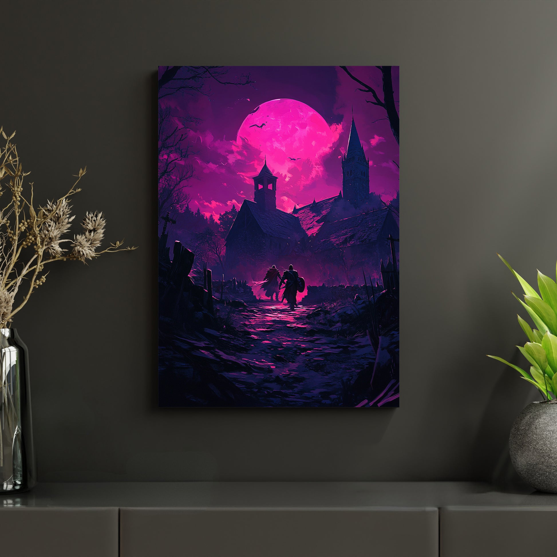 Hochwertiges Metallposter einer düsteren Szenerie mit rotem Mond, gotischen Gebäuden und zwei Helden im Vordergrund. Ideal für Sammler von Vampir- und Dark-Fantasy-Kunst, angelehnt an die Atmosphäre von V Rising.