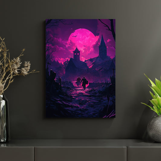 Hochwertiges Metallposter einer düsteren Szenerie mit rotem Mond, gotischen Gebäuden und zwei Helden im Vordergrund. Ideal für Sammler von Vampir- und Dark-Fantasy-Kunst, angelehnt an die Atmosphäre von V Rising.