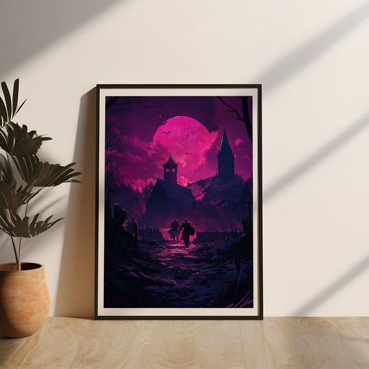 Stimmungsvolles Wandbild mit rotem Vollmond und zwei Kriegern vor einem alten Dorf, edel gerahmt in Echtholz und durch Acrylglas geschützt. Perfekt für Fans düsterer Fantasy-Ästhetik mit Vampir-Anklängen. Angelehnt am beliebten V Rising.
