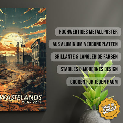 Produkt-Highlights zum Metallposter Wastelands 2277. Hochwertiges Metallposter, aus Aluminium-Verbundplatten, Brillante & langlebige Farben, stabiles & modernes design, Größen für jeden Raum, Made in Germany.