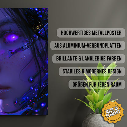 Produkt-Highlights zum Metallposter Weibliche K.I.. Hochwertiges Metallposter, aus Aluminium-Verbundplatten, Brillante & langlebige Farben, stabiles & modernes design, Größen für jeden Raum, Made in Germany.