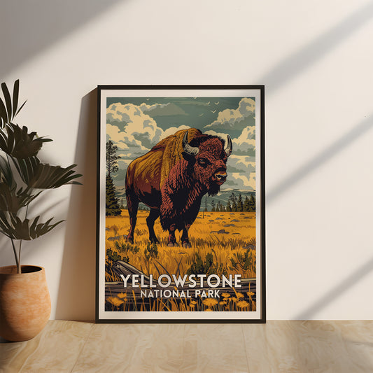 Vintage-Poster des Yellowstone-Nationalparks mit einem majestätischen Bison im Vordergrund. Die beeindruckende Landschaft und die warmen Farben erzeugen eine gemütliche Atmosphäre. Perfekt für Naturliebhaber und Reisende, natur poster, USA national park gerahmtes poster, vintage