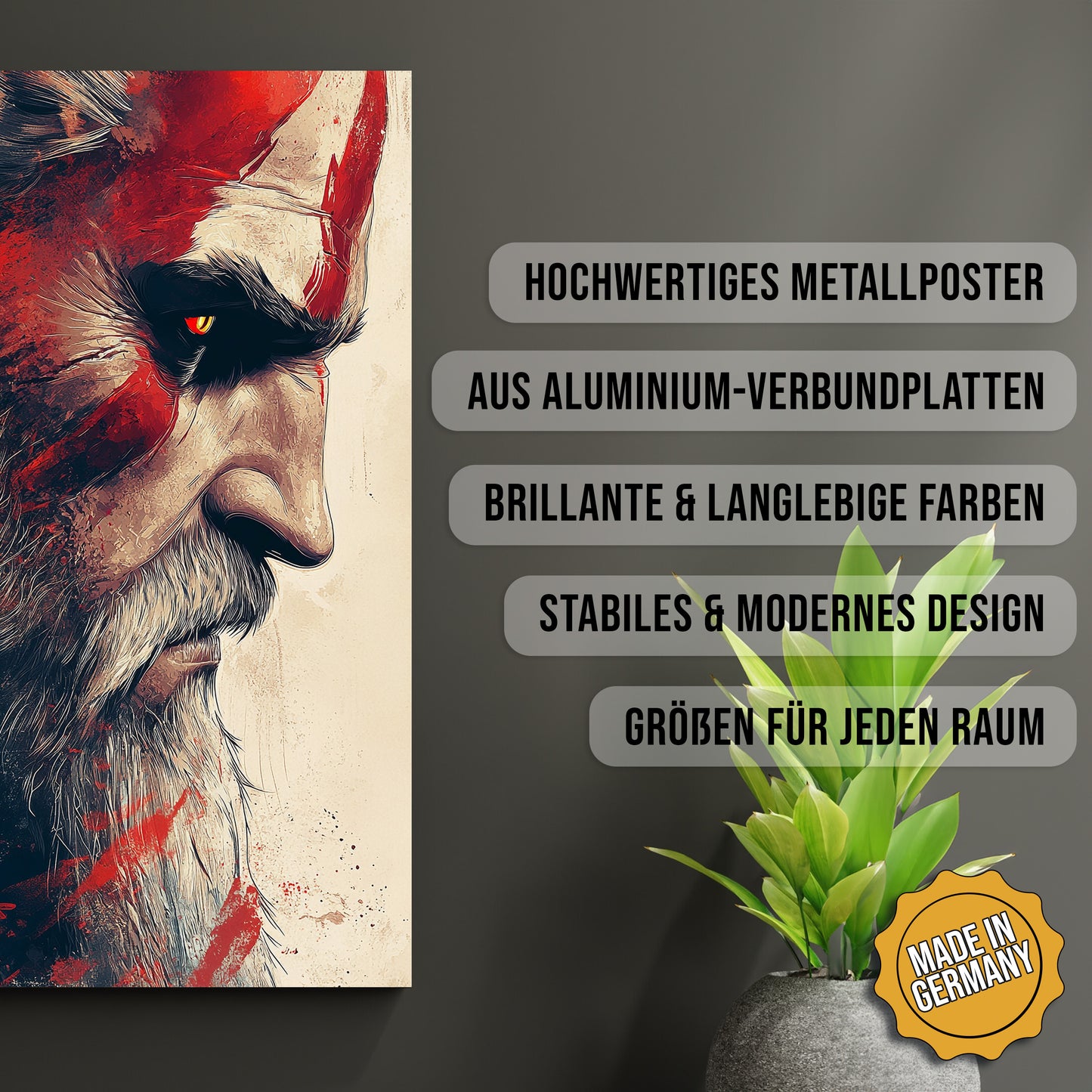 Produkt-Highlights zum Metallposter Zwischen Hexerklinge und Götterzorn. Hochwertiges Metallposter, aus Aluminium-Verbundplatten, Brillante & langlebige Farben, stabiles & modernes design, Größen für jeden Raum, Made in Germany.